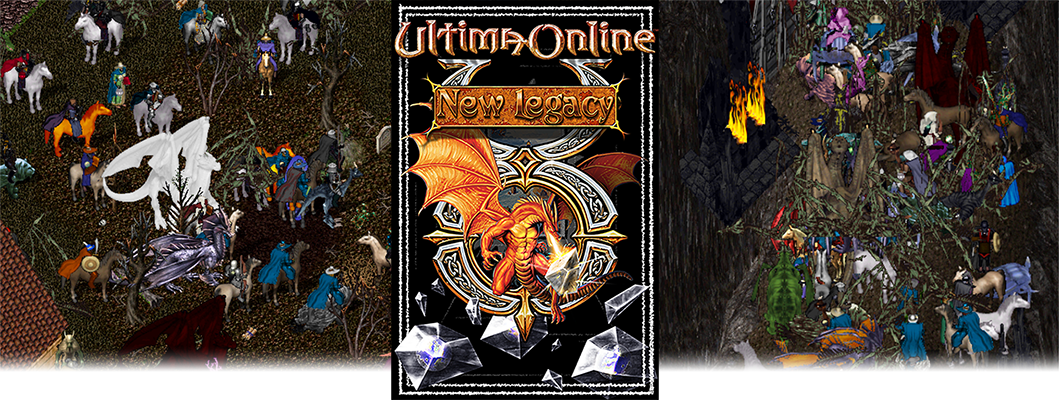 Ultima Online New Legacy logo centered with players in Moonglow on the left and players waiting for a boss fight on the right